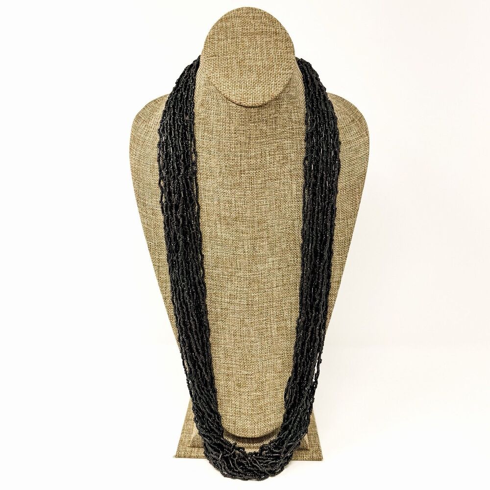 Vintage Carol for Eva Graham Black Seed Bead Waterfall Multi Strand Necklace 34”